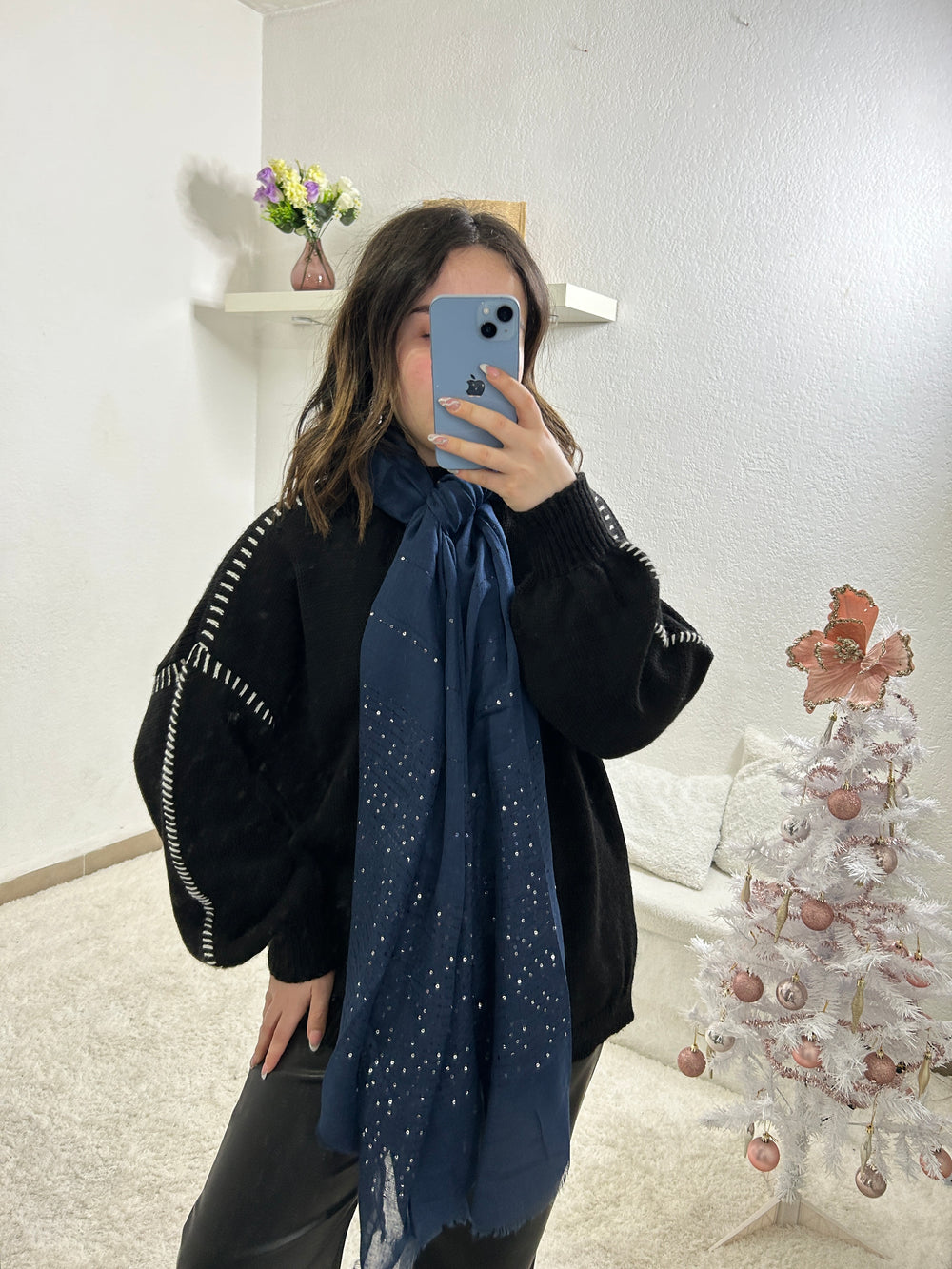 Navy blue sequin scarf