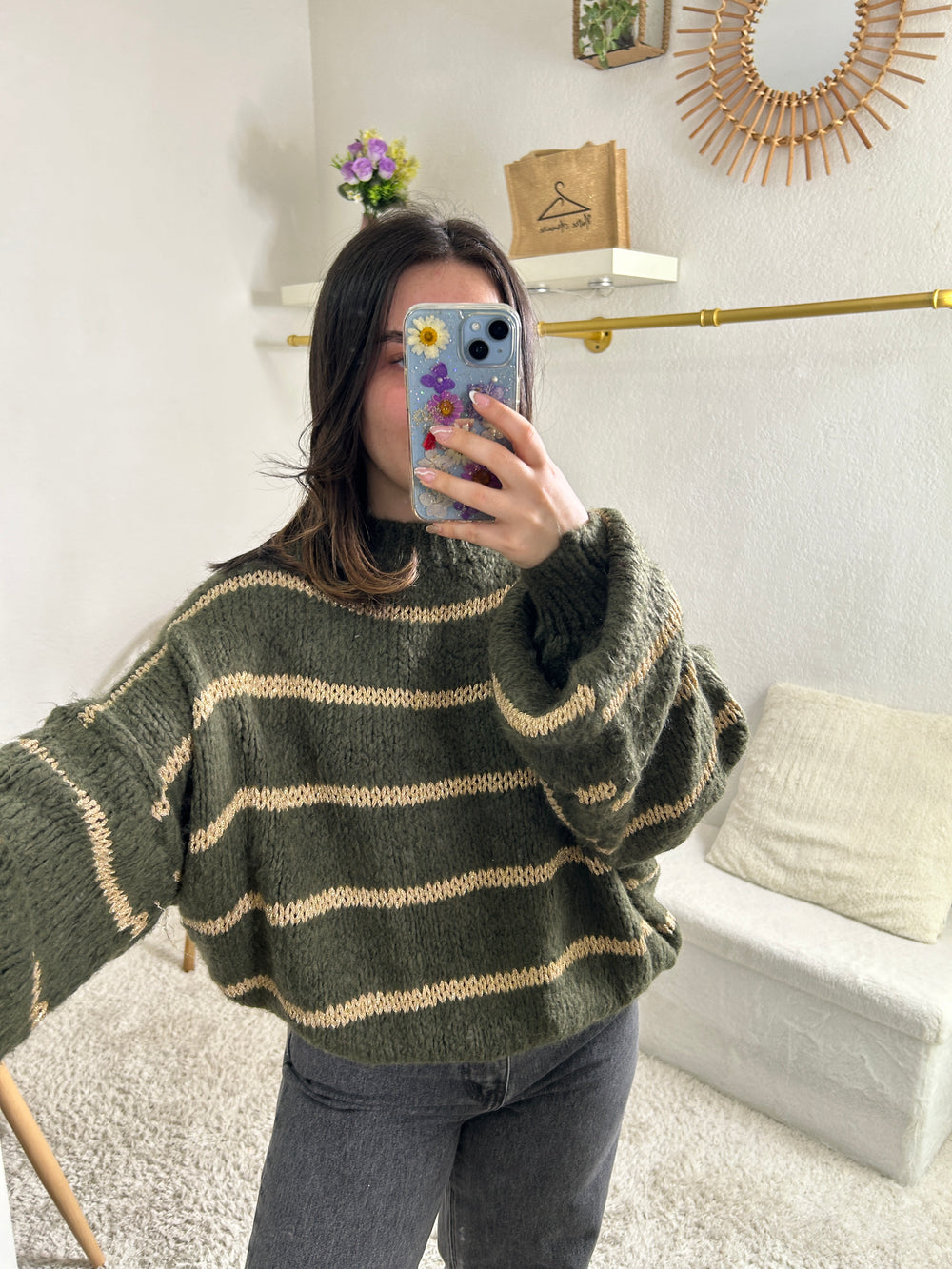 Striped sweater with gold mesh