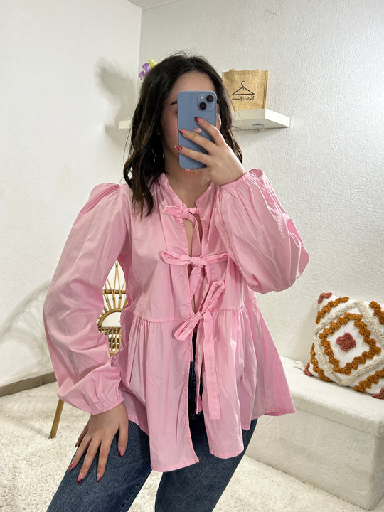 Blouse rose à noeuds tendance manches longues