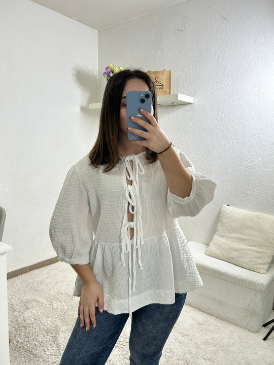 Blouse à noeuds gaze de coton Marine