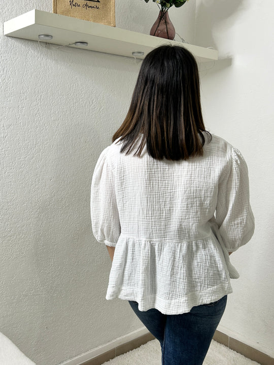 Blouse à noeuds gaze de coton Marine