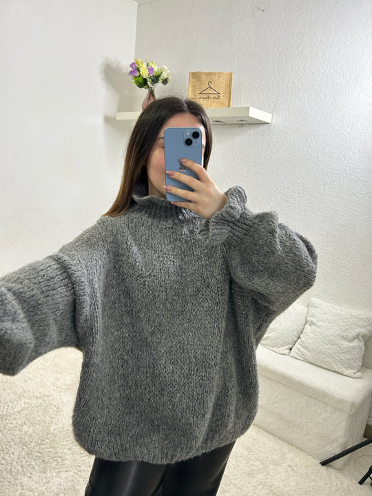 Pull à col froufrous gris