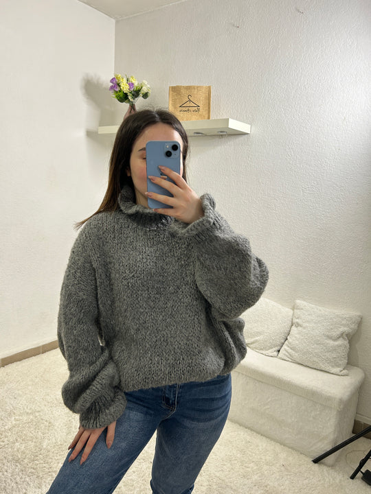 Pull à col froufrou gris