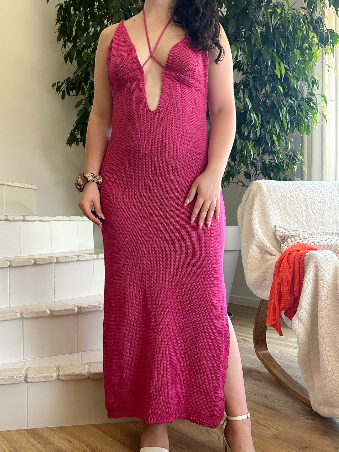 Robe longue en maille couleur framboise